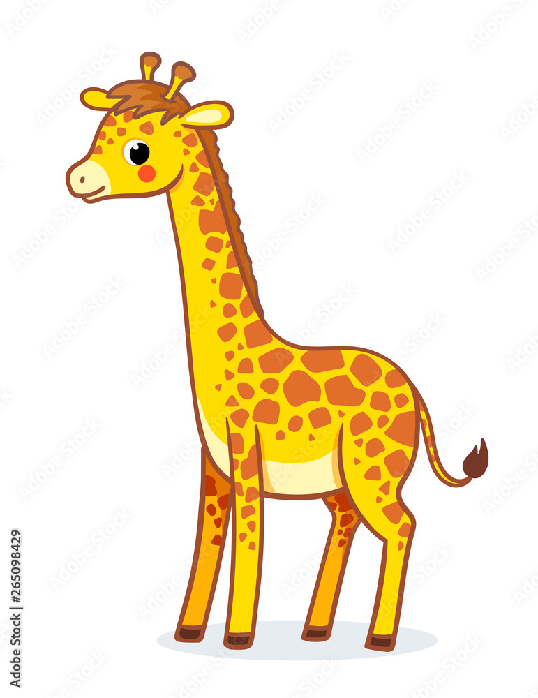 Giraffe stands on a white background. African animal in childish style.