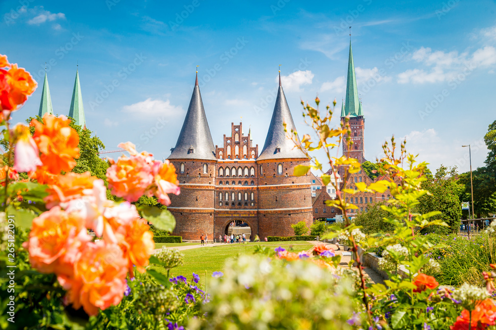 Historic town of Lübeck with famous Holstentor gate in summer, Schleswig-Holstein, northern Germany