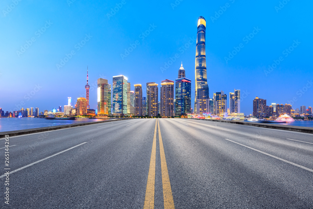 Highway road and skyline of modern urban buildings in Shanghai