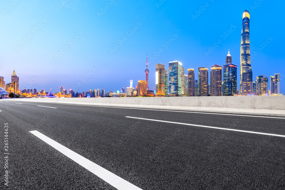 Highway road and skyline of modern urban buildings in Shanghai