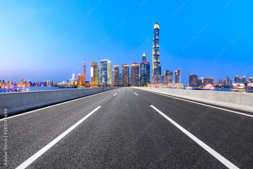 Highway road and skyline of modern urban buildings in Shanghai