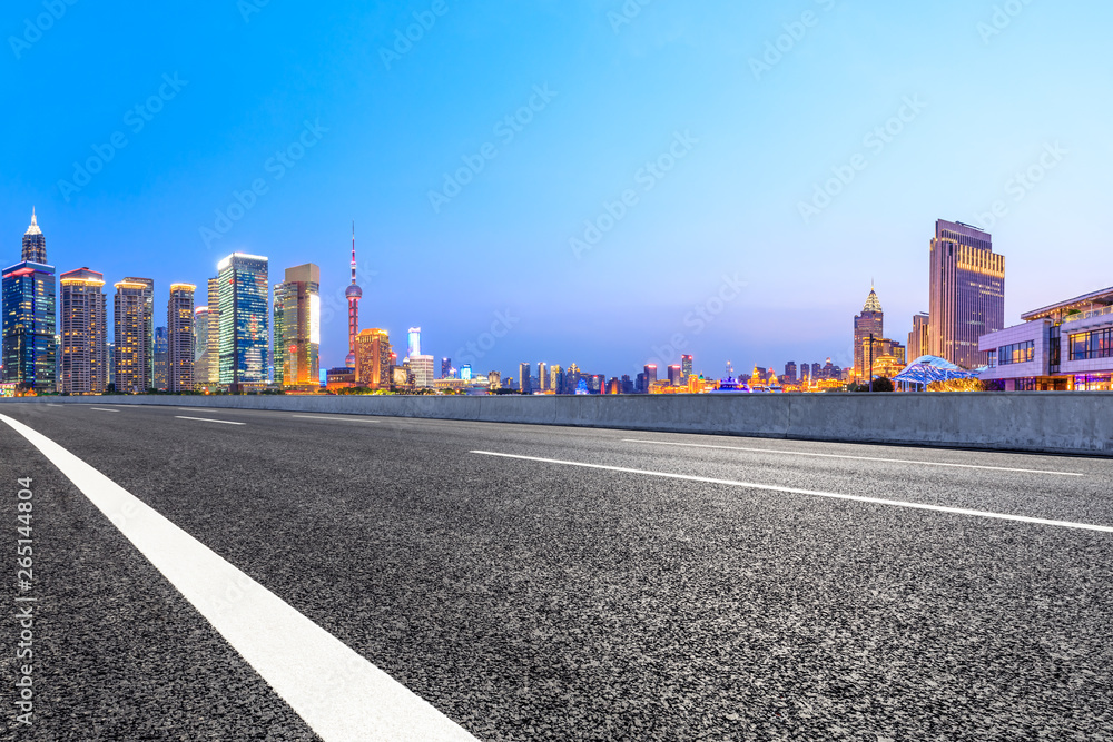 Highway road and skyline of modern urban buildings in Shanghai