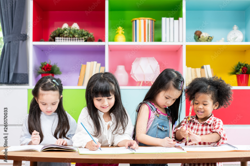 Group of diversity cute kids studying at home, kids education concept