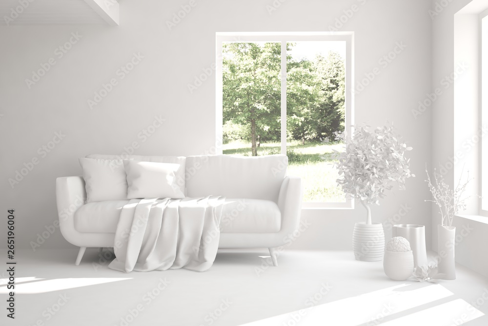 Mock up of stylish room in white color with sofa and green landscape in window. Scandinavian interio