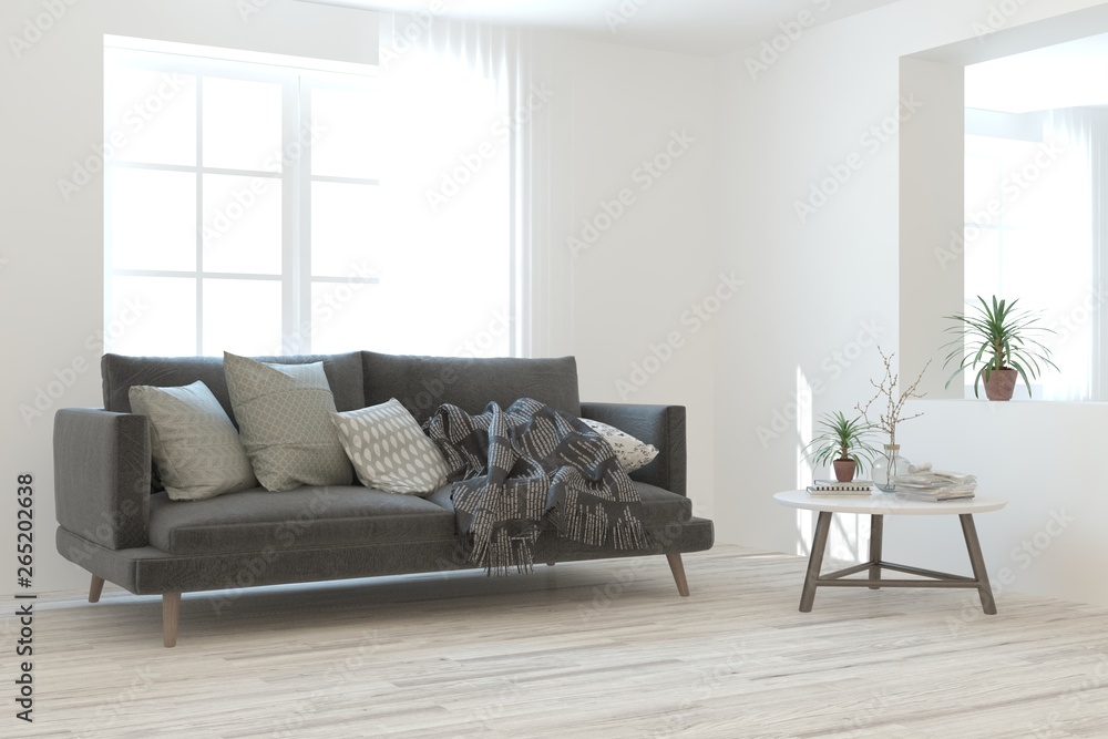 Stylish room in white color with sofa. Scandinavian interior design. 3D illustration