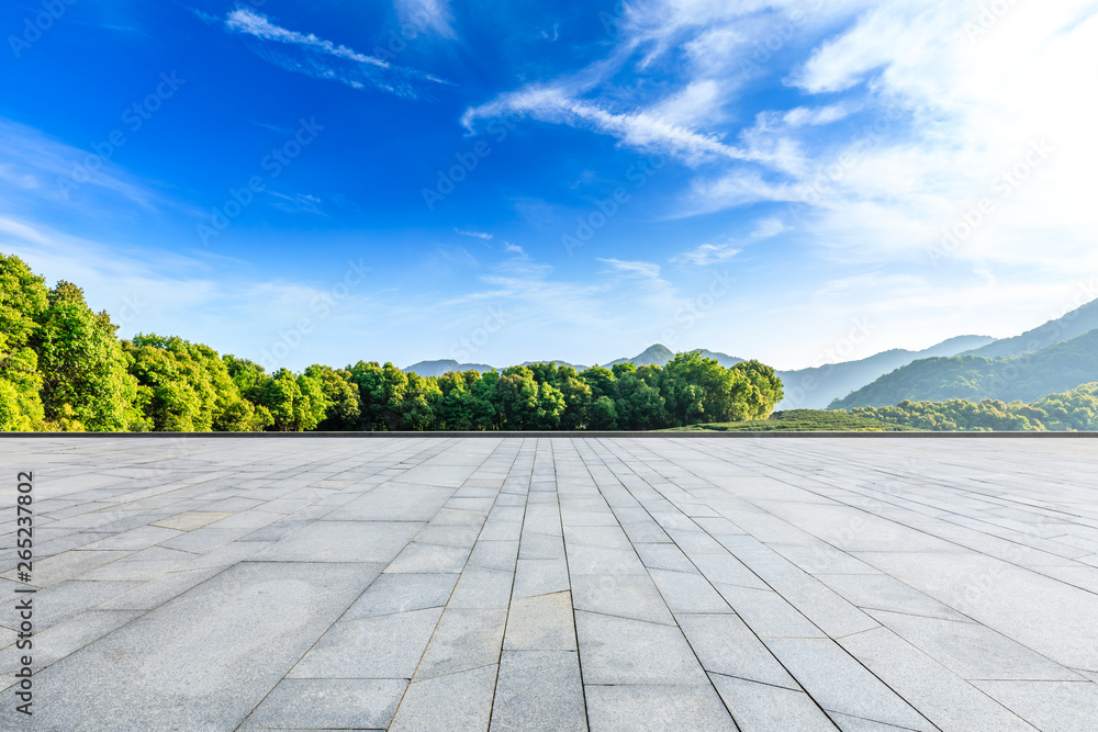 Empty square floor and green mountain natural landscape