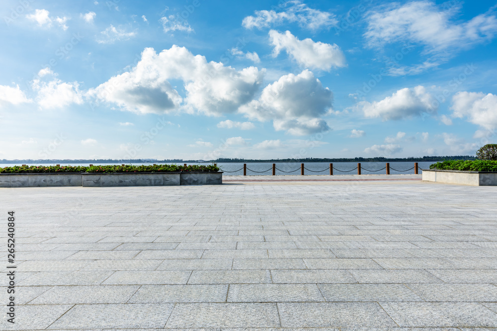 Beautiful lake and walkway with blue sky