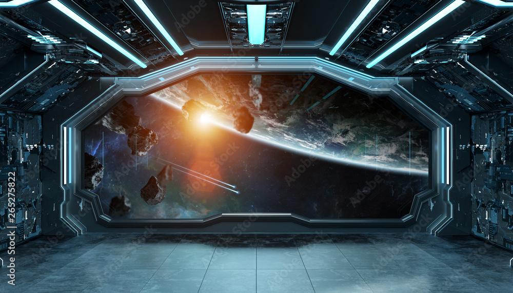 Dark blue spaceship futuristic interior with window view on planet Earth 3d rendering