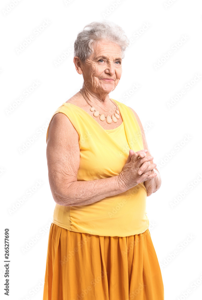 Portrait of senior woman on white background