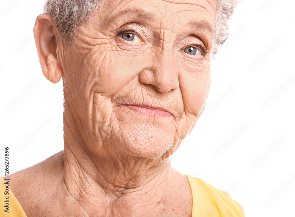 Portrait of senior woman on white background