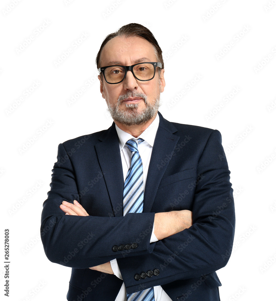 Portrait of handsome mature businessman on white background