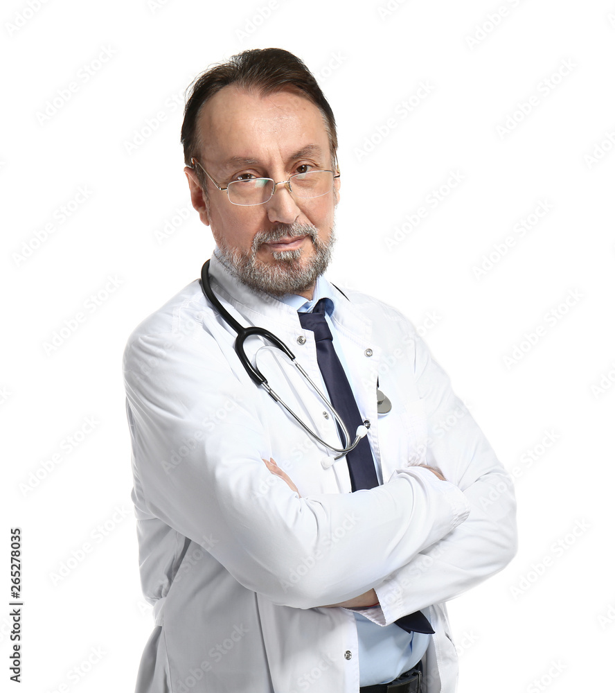 Portrait of handsome mature doctor on white background