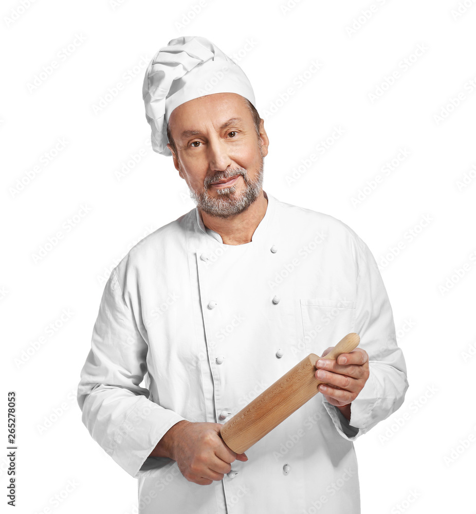 Portrait of handsome mature chef on white background