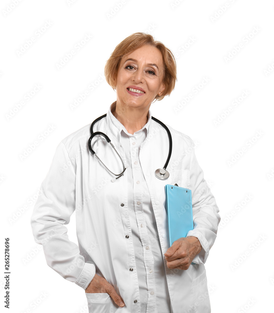 Beautiful female doctor on white background