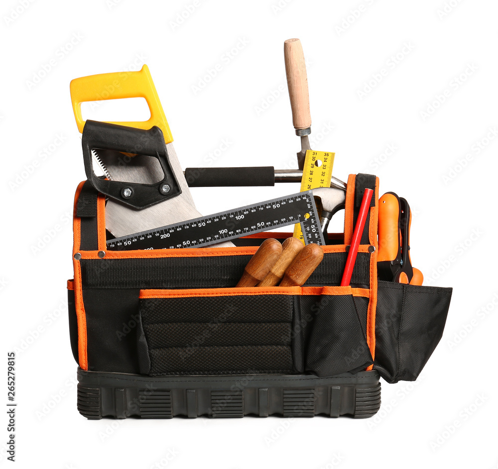 Bag with carpenters tools on white background