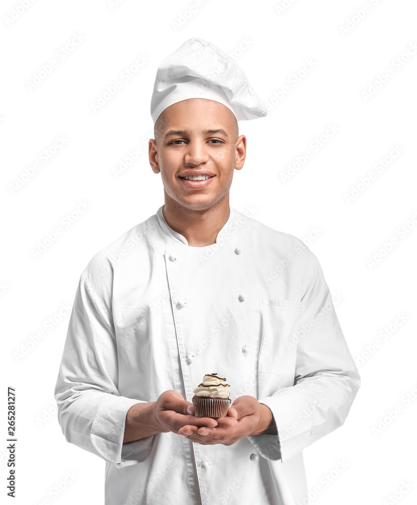 Male African-American chef on white background