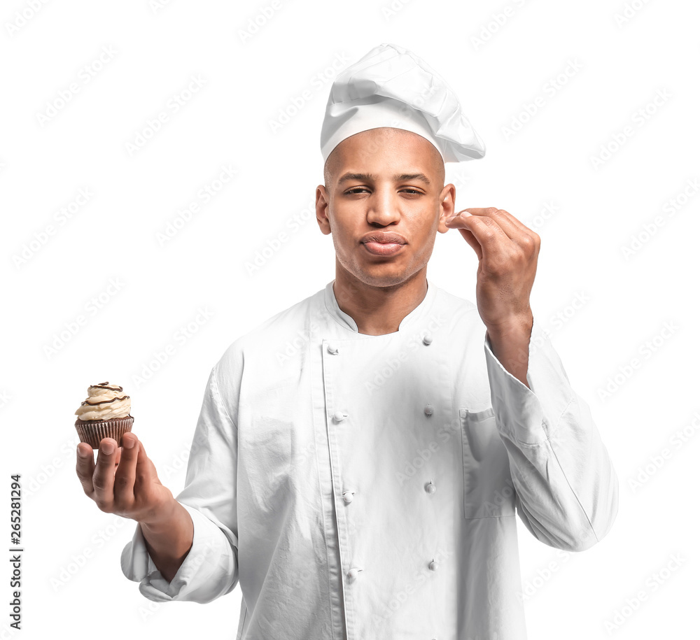 Male African-American chef on white background