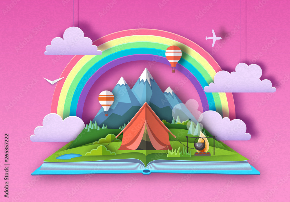 Open fairy tale book with Mountains landscape and camping. Cut out paper art style design