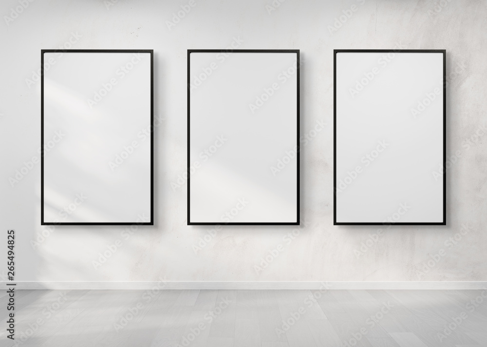 Three frames hanging on a wall mockup 3d rendering