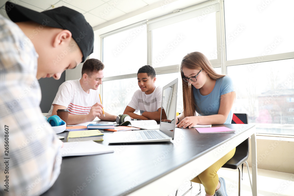 一群青少年在学校一起学习