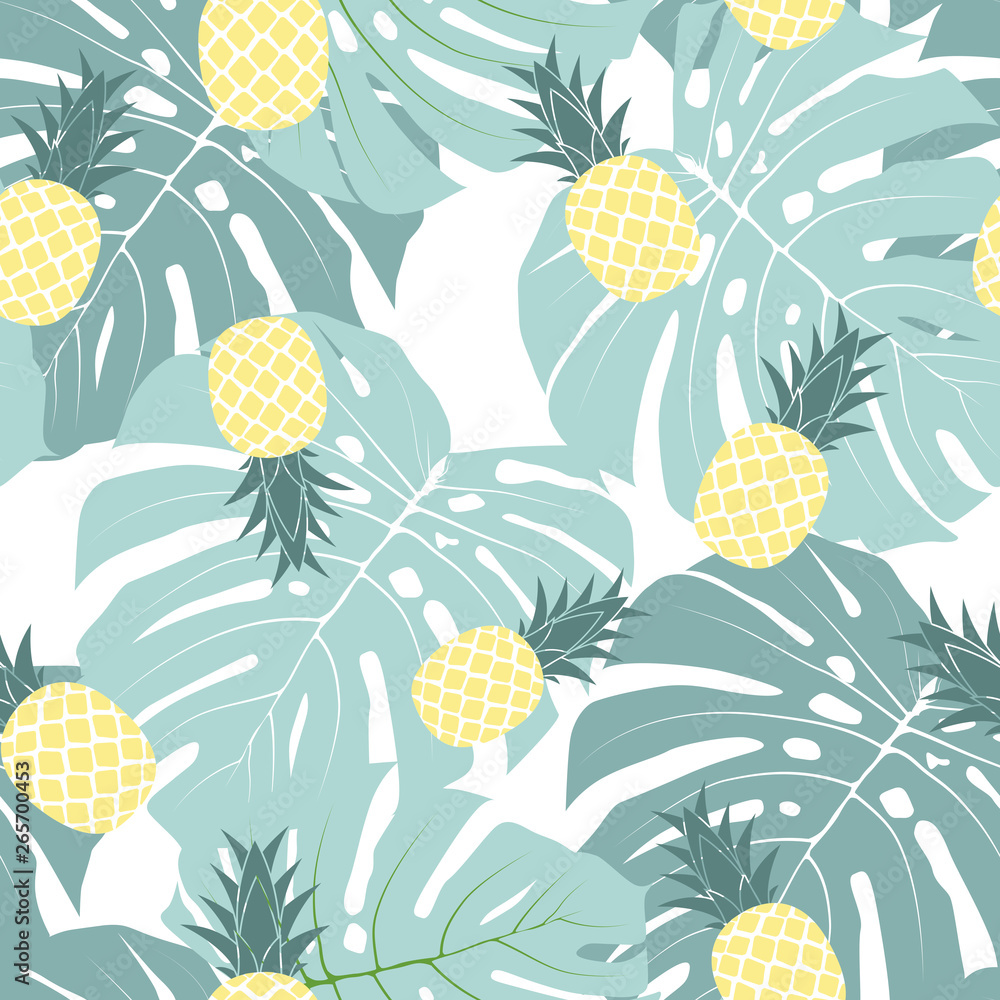 Tropic fruit Pineapple and palm leaf seamless pattern background design. Vector Illustration