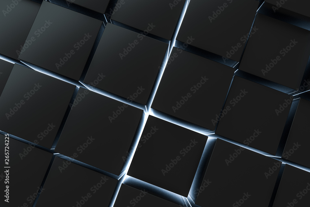 3d rendering, dark background, cube bricks with light effect. Computer digital background.