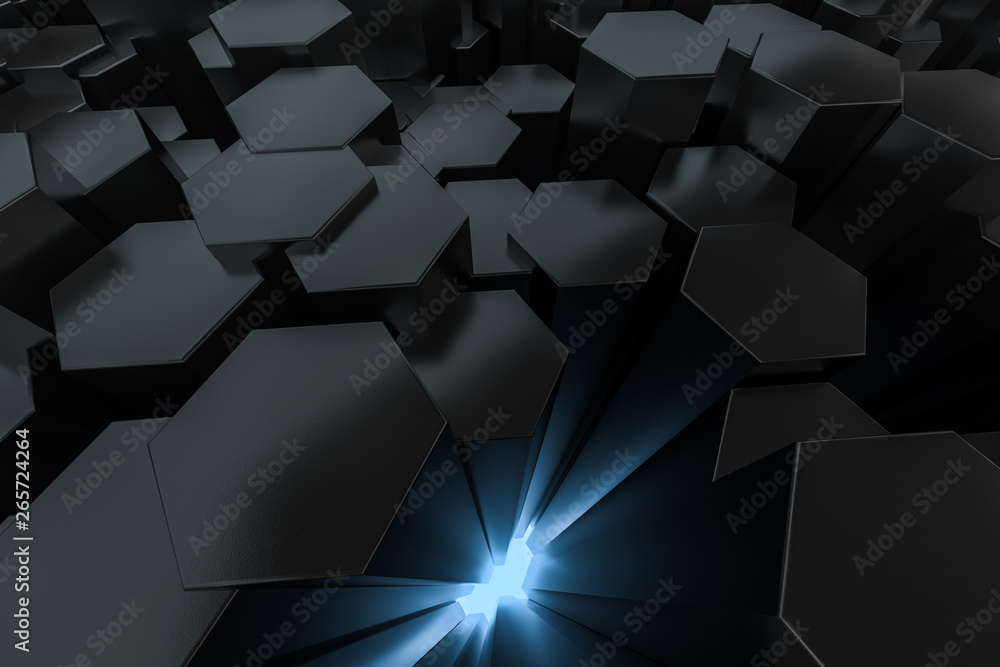 3d rendering, dark background, cube bricks with light effect. Computer digital background.