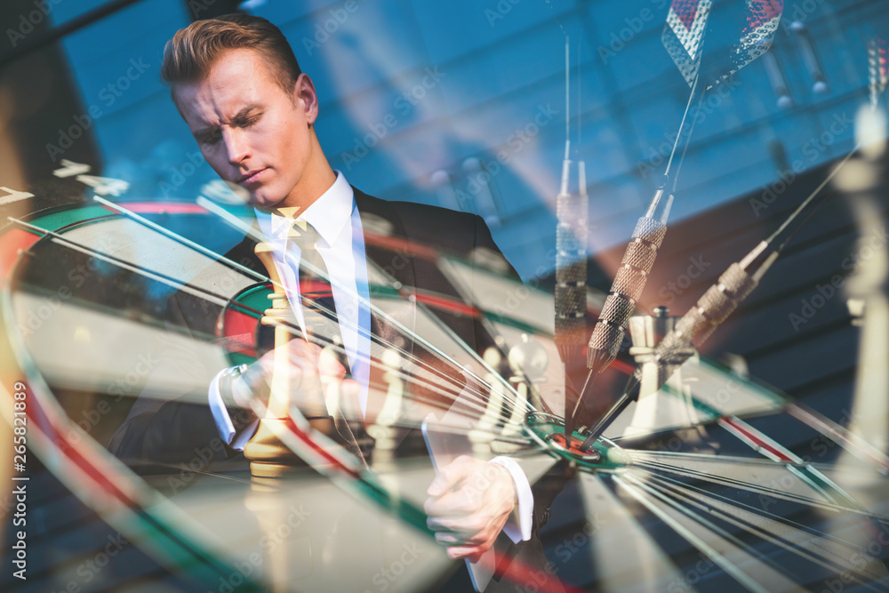 success goal achieve ideas concept caucasian businessman wear suit double exposure with chess game b