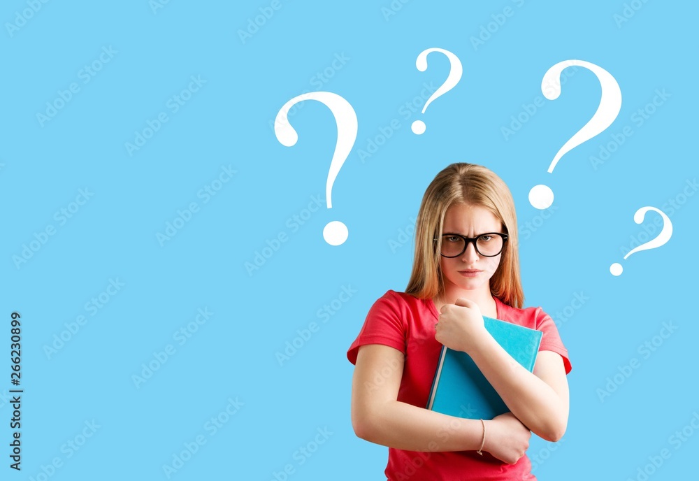 Question woman apron attractive beautiful beauty blue background