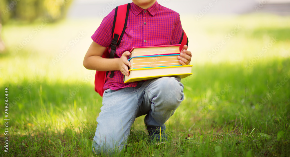 Child with rucksack sitting in the park near school