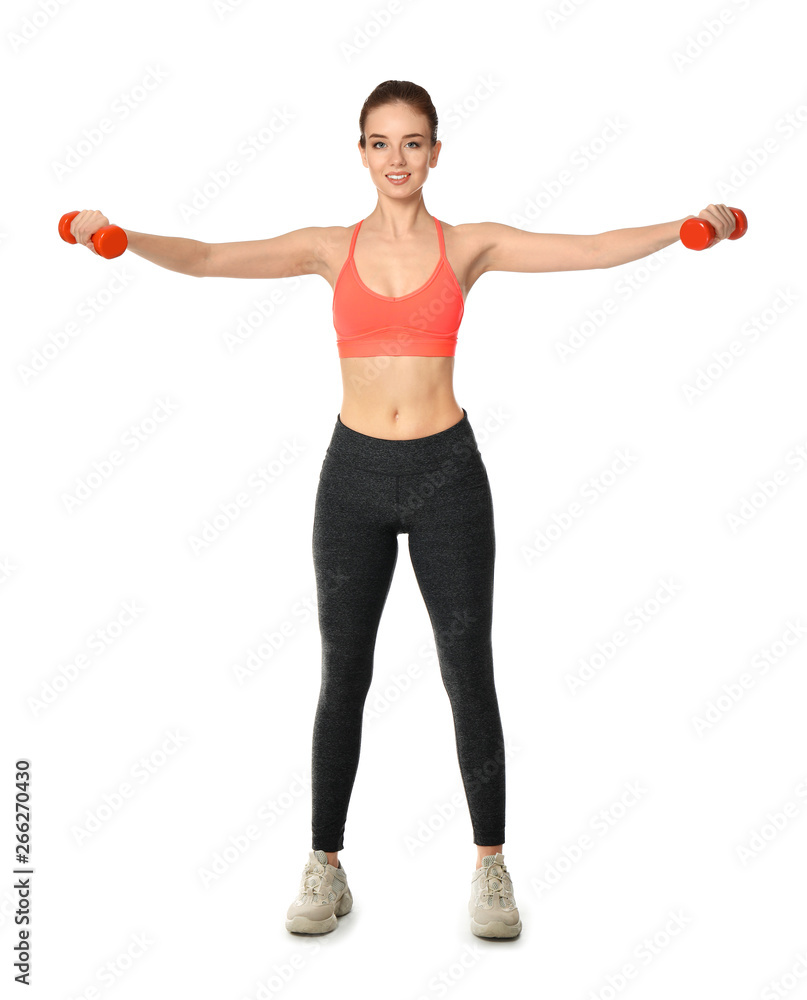 Sporty woman training with dumbbells on white background