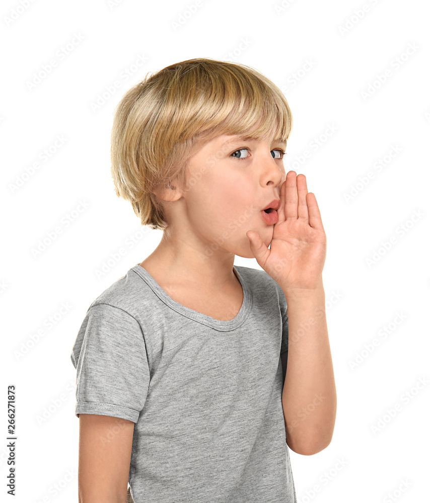 Gossiping little boy on white background