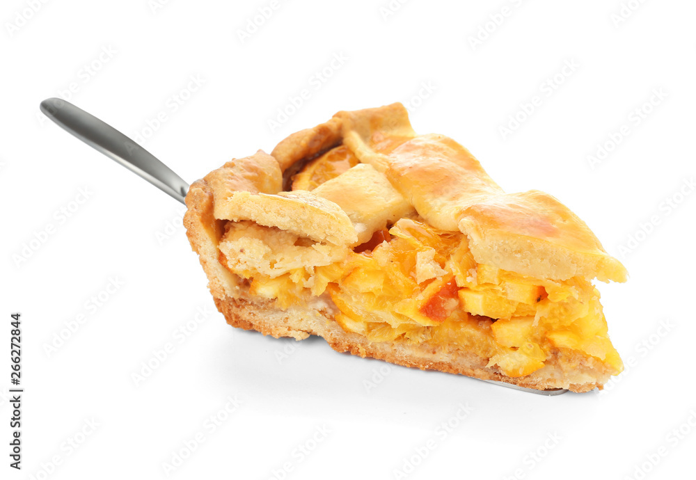 Piece of tasty orange pie on white background