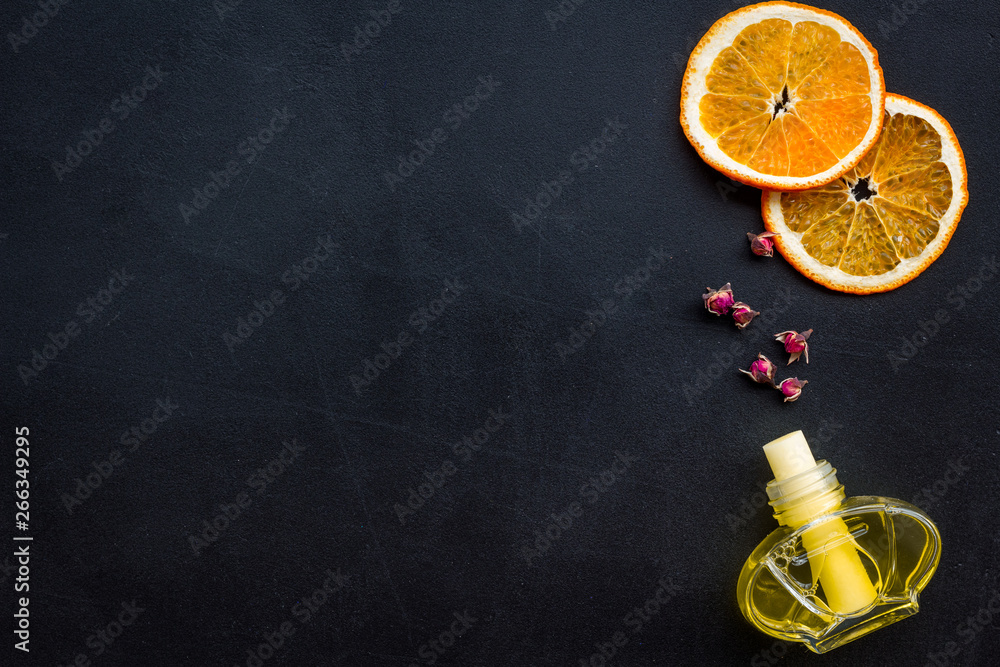 incense sticks with citrus for fresh air on dark background top view mock up