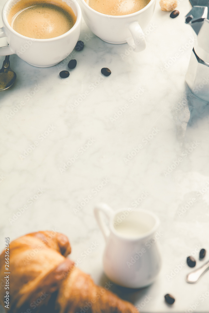 Coffee composition on white marble background. Coffee espresso in white cups