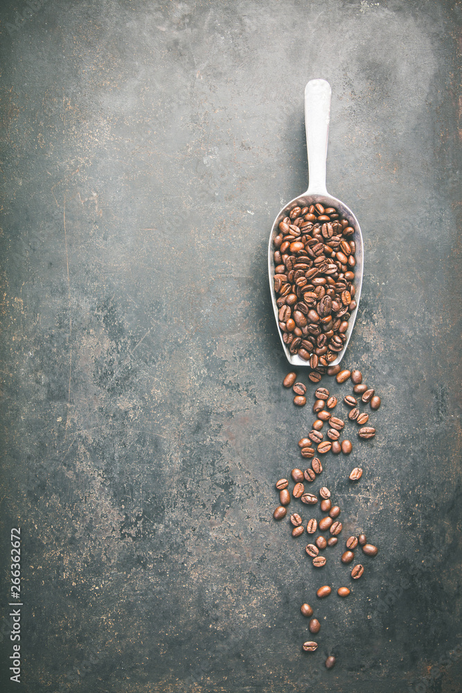 Coffee composition on dark background, space for text