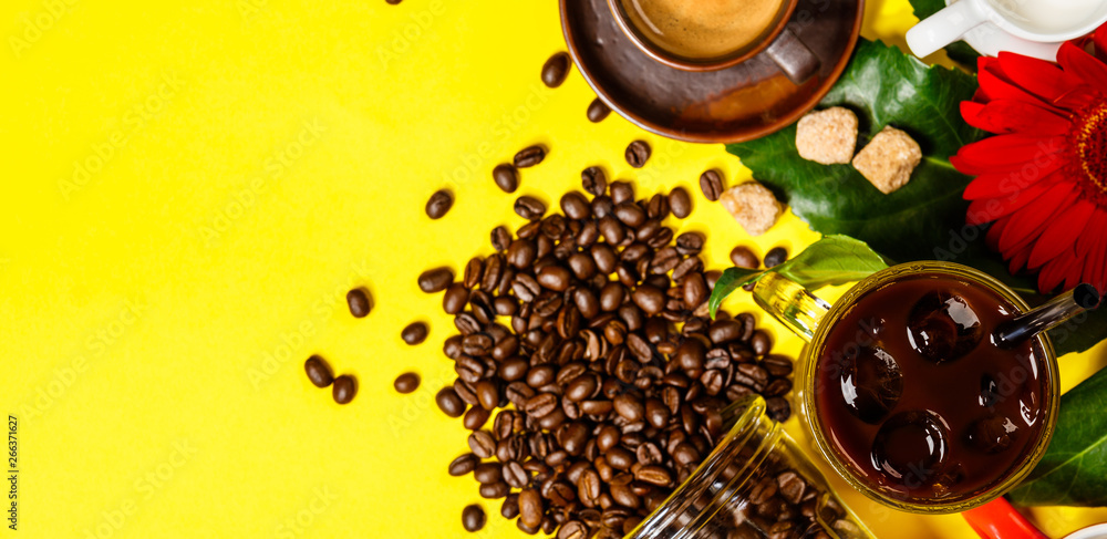 Various coffee on yellow background, flat lay, top view