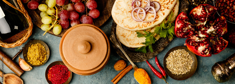 Middle eastern or arabic tradition ingredients, flat lay