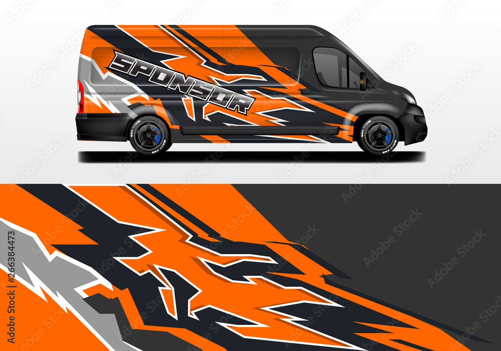 Van vector car wrap, truck, bus, racing, car service. Abstract graphic background graphics