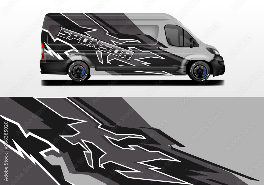 Van vector car wrap, truck, bus, racing, car service. Abstract graphic background graphics