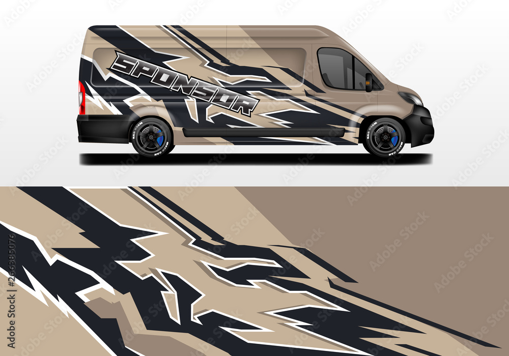 Van vector car wrap, truck, bus, racing, car service. Abstract graphic background graphics