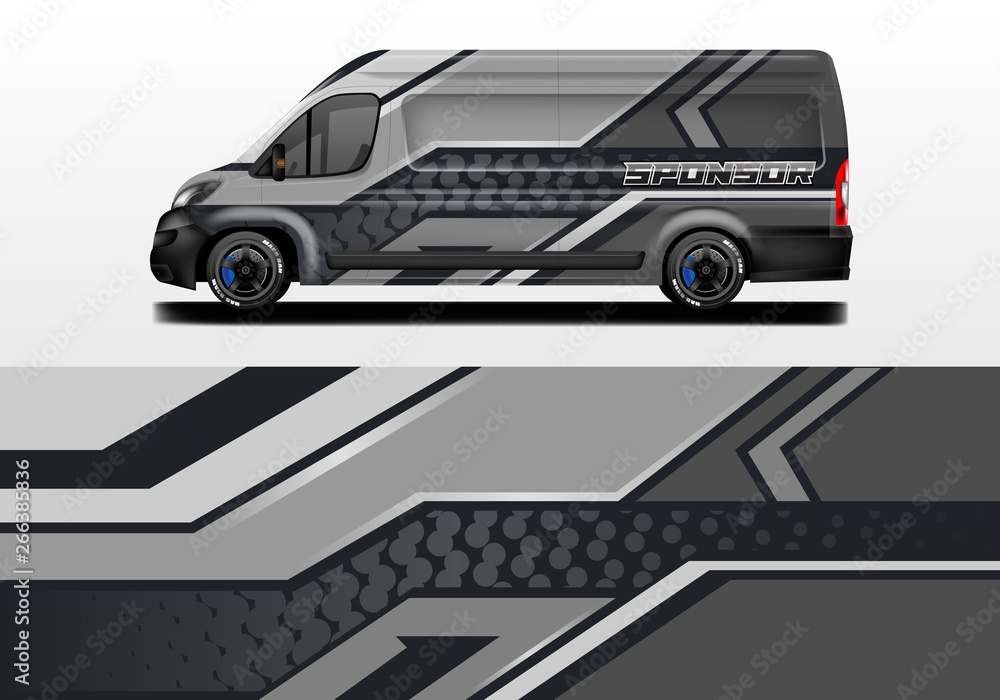 Van vector car wrap, truck, bus, racing, car service. Abstract graphic background graphics