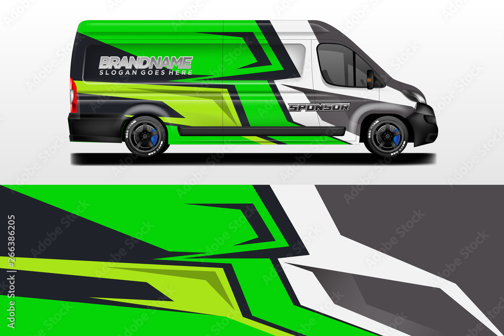 Van vector car wrap, truck, bus, racing, car service. Abstract graphic background graphics