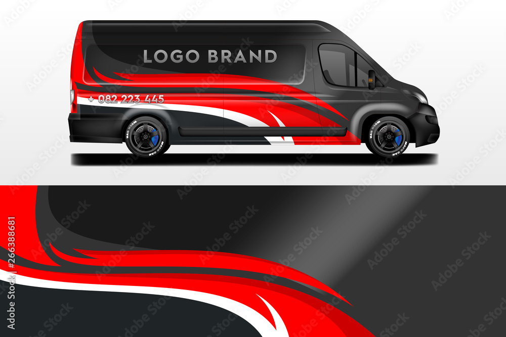 Van vector car wrap, truck, bus, racing, car service. Abstract graphic background graphics