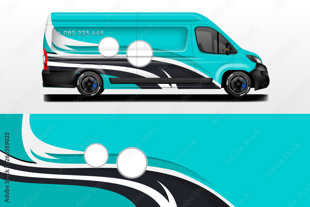 Van vector car wrap, truck, bus, racing, car service. Abstract graphic background graphics