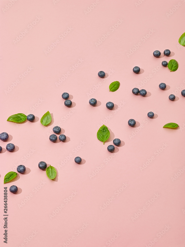 blueberries and green basil leaves