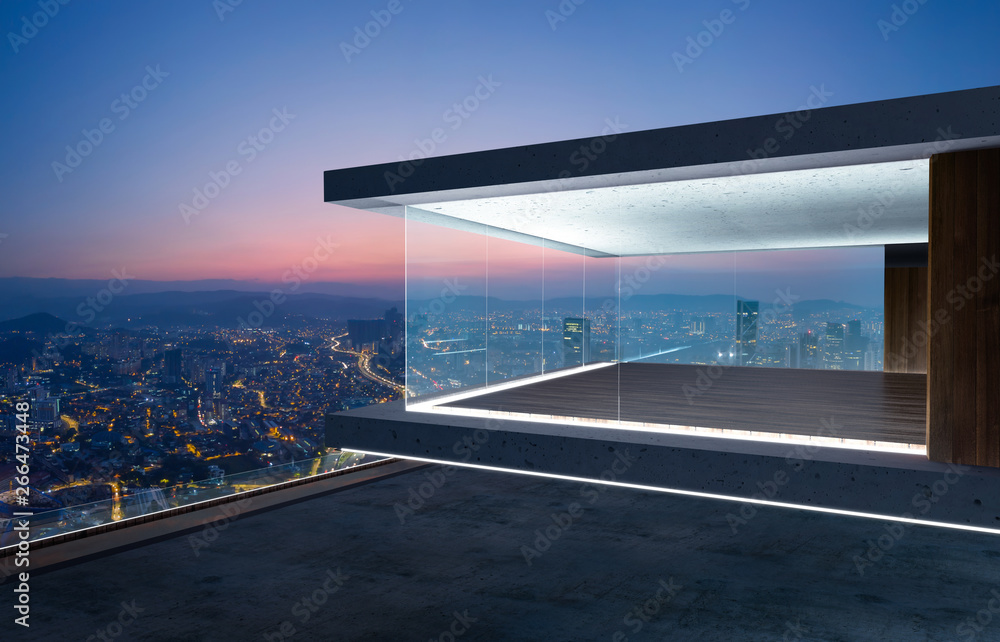 Empty glass wall balcony with city skyline view . Night scene .Mixed media .