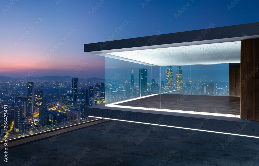 Empty glass wall balcony with city skyline view . Night scene .Mixed media .