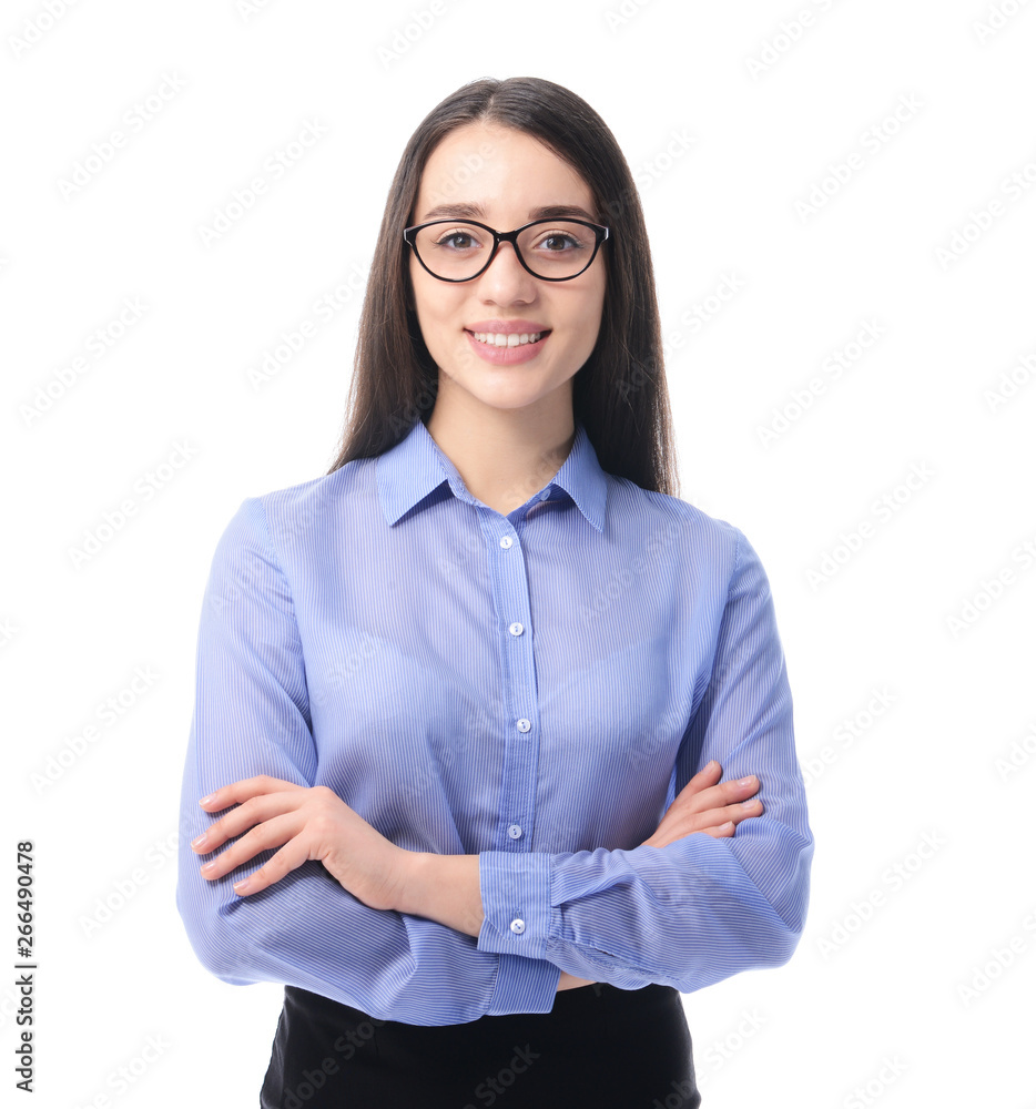 Beautiful young businesswoman on white background