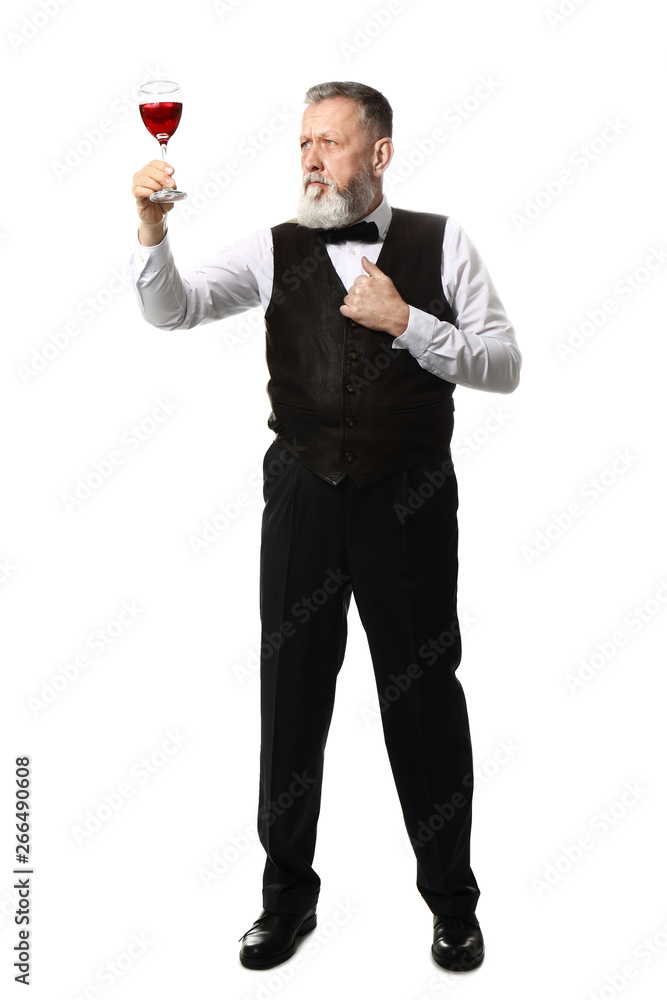 Portrait of elegant mature sommelier on white background